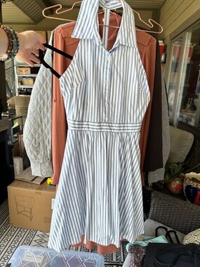 Blue and White Striped Sleeveless Collared Dress Bailey Blue